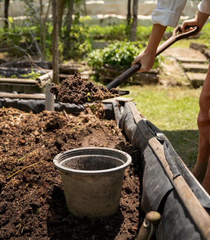 Préparation de la terre et remplissage de bac pour création de jardin